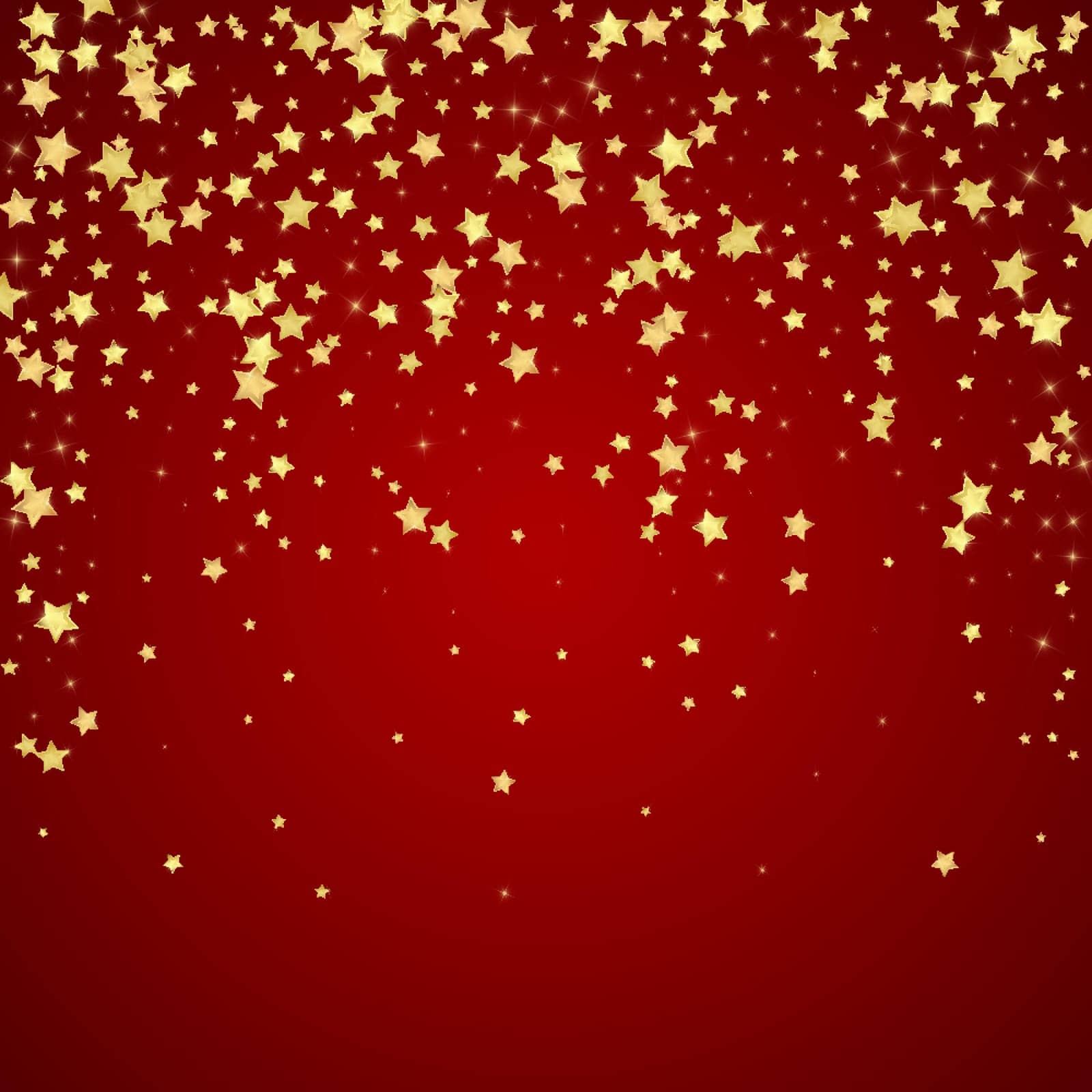 Magic stars vector overlay. Gold stars scattered around randomly, falling down, floating. Chaotic dreamy childish overlay template. Magical cartoon night sky on red background.