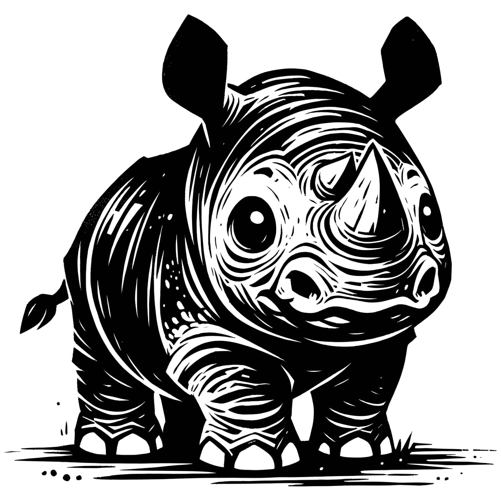 Woodcut style illustration of cute baby rhinoceros on white background.