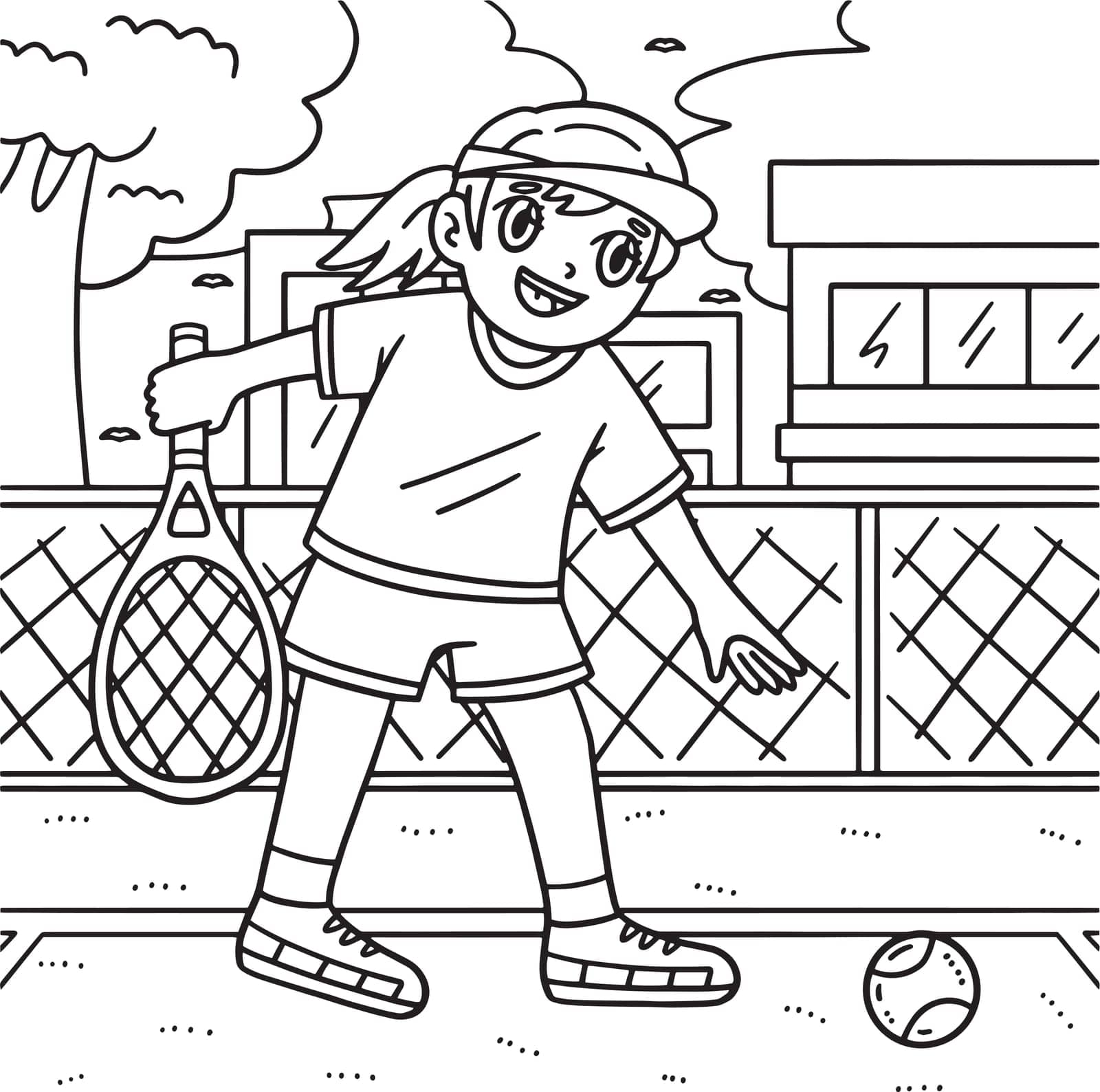 A cute and funny coloring page of a Tennis Female Player Picking a Ball. Provides hours of coloring fun for children. To color, this page is very easy. Suitable for little kids and toddlers.