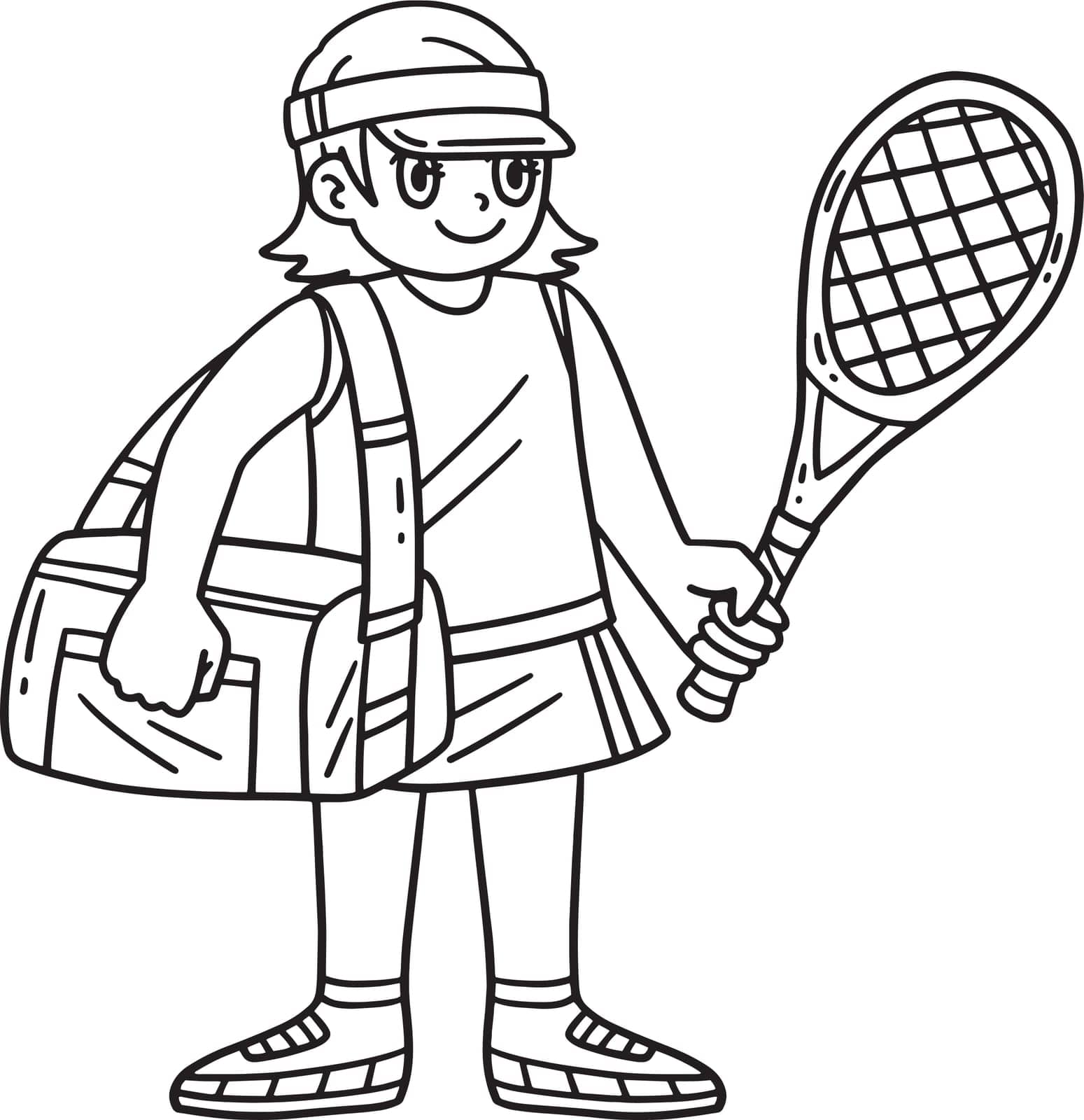 A cute and funny coloring page of a Tennis Female Player with a Bag and Racket. Provides hours of coloring fun for children. To color, this page is very easy. Suitable for little kids and toddlers.
