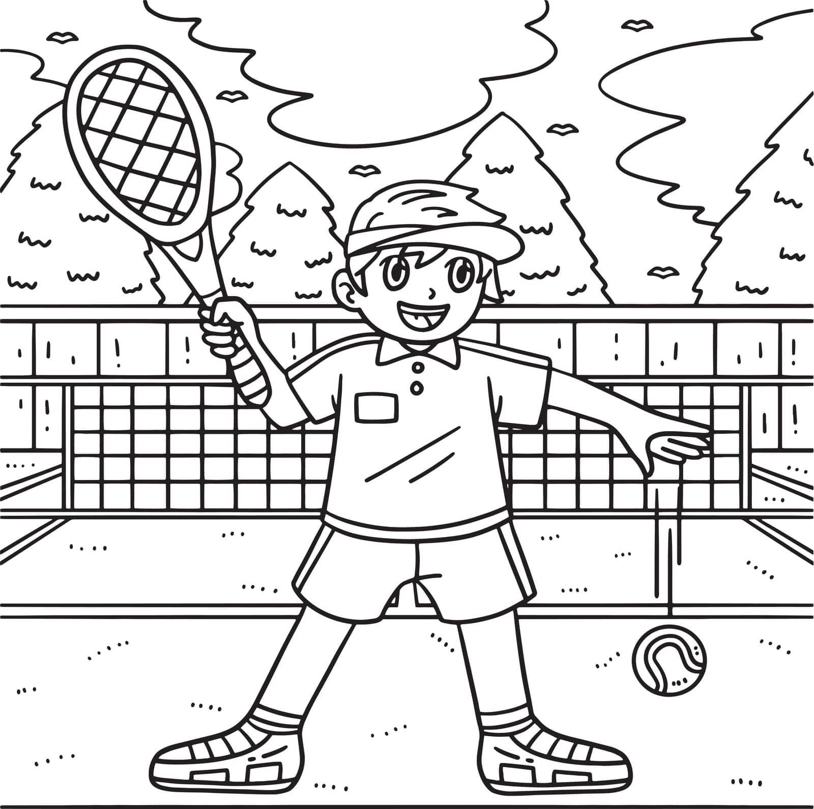 A cute and funny coloring page of a Tennis Player Dribbling Tennis Ball. Provides hours of coloring fun for children. To color, this page is very easy. Suitable for little kids and toddlers.