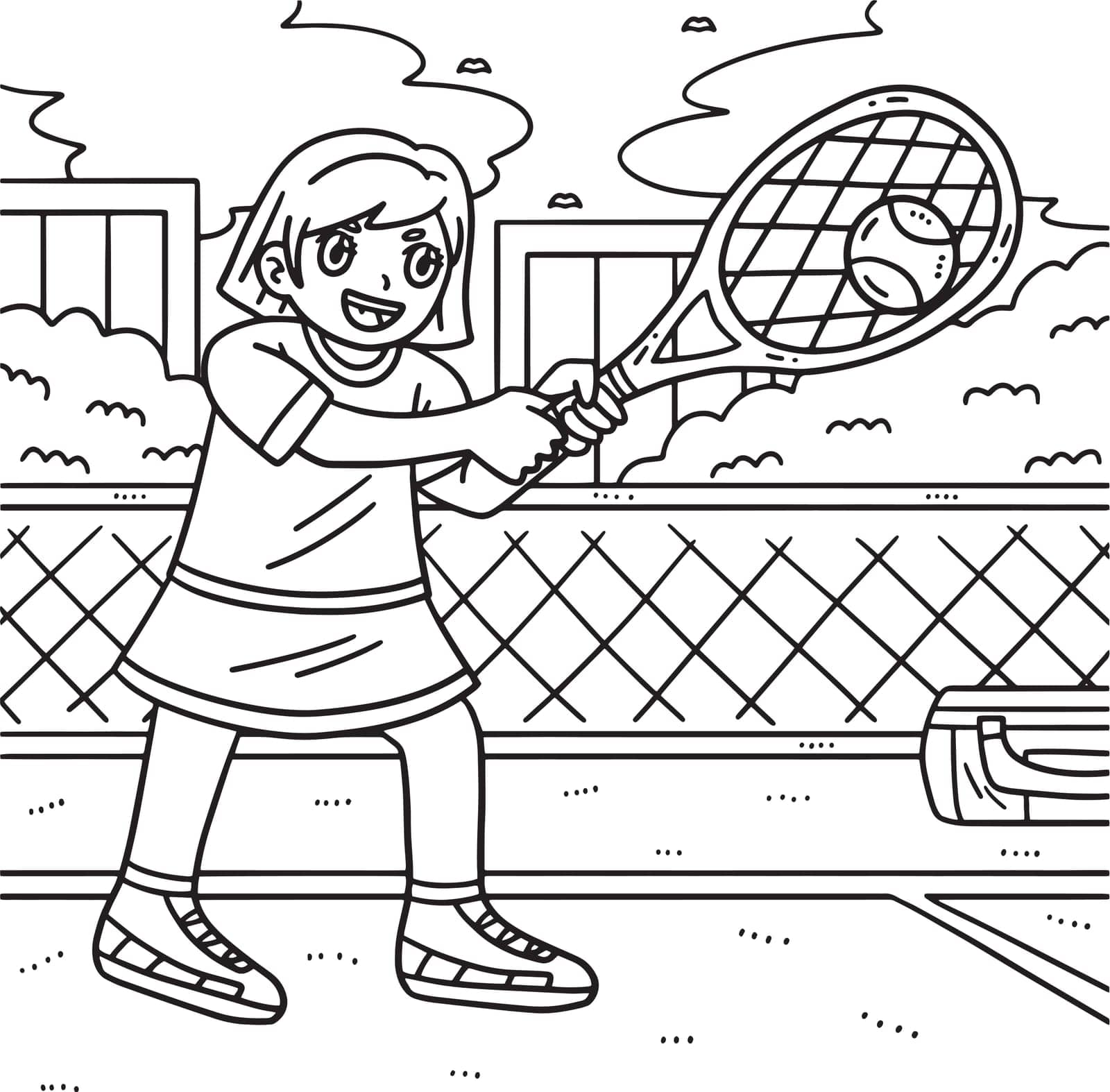 A cute and funny coloring page of a Tennis Female Player Hitting a Ball. Provides hours of coloring fun for children. To color, this page is very easy. Suitable for little kids and toddlers.