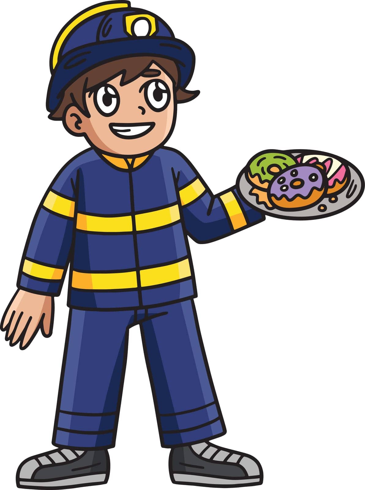 This cartoon clipart shows a Firefighter with a Donut illustration.