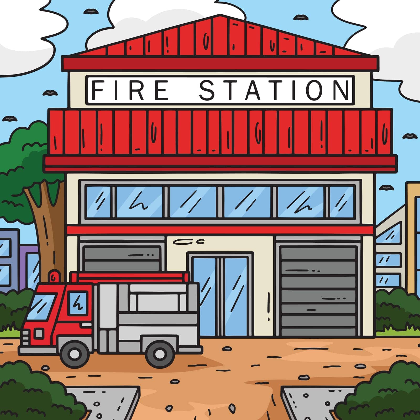 This cartoon clipart shows a Firefighter Station illustration.