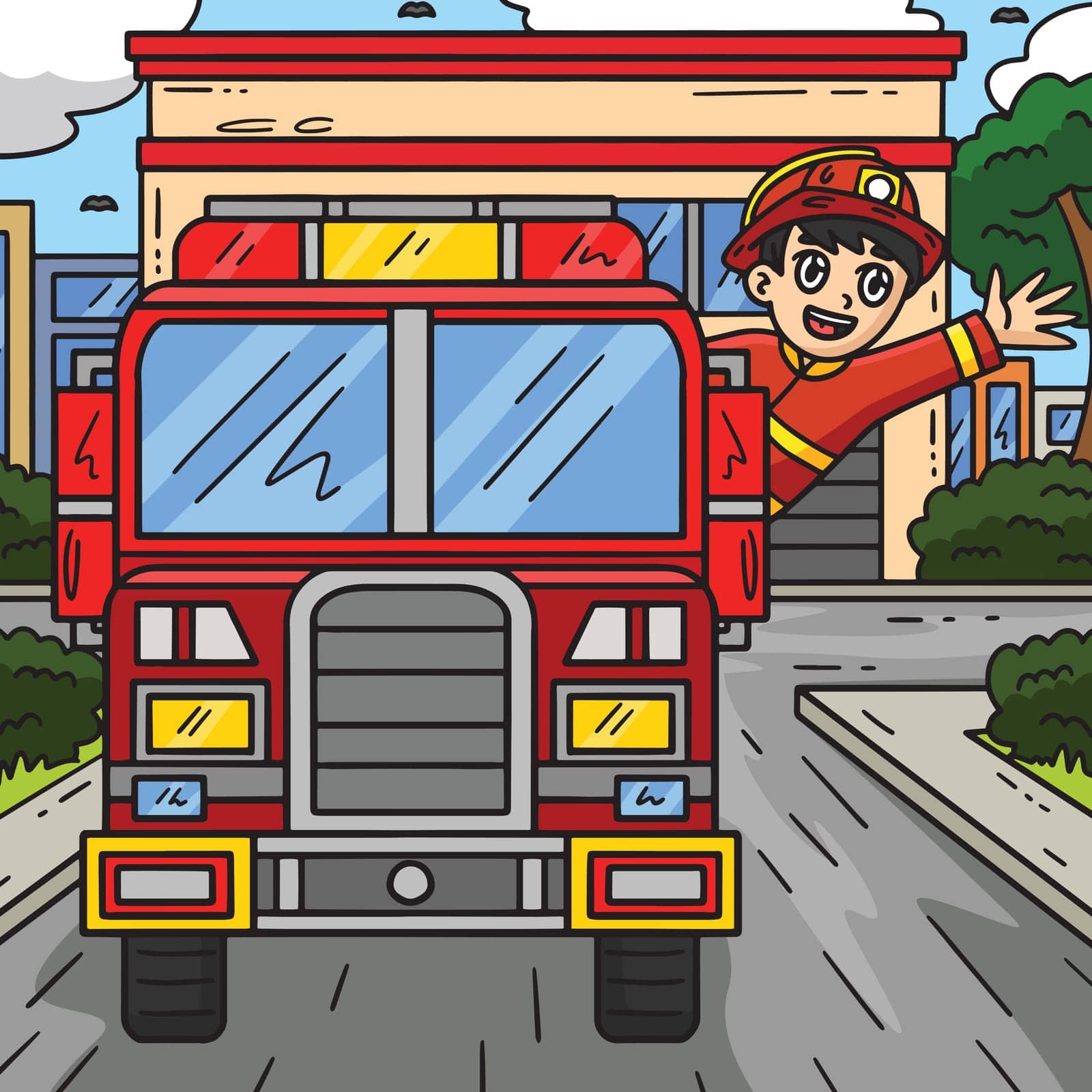 This cartoon clipart shows a Firefighter Waving from a Fire Truck illustration.
