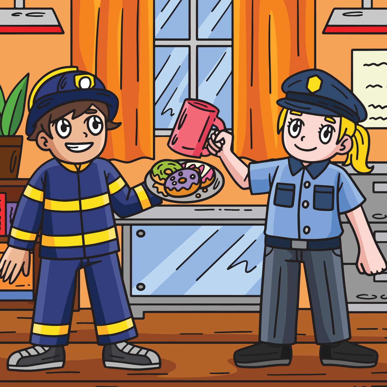 This cartoon clipart shows a Firefighter and Policewoman illustration.