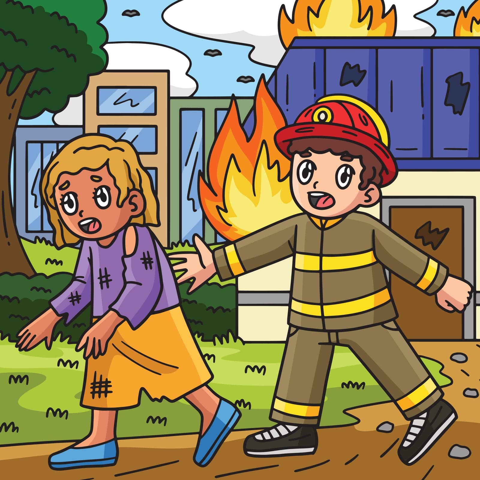 This cartoon clipart shows a Firefighter Escorting a Survivor illustration.