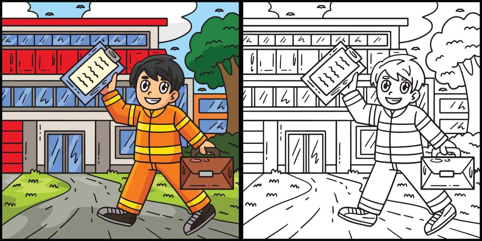 This coloring page shows a Firefighter Going to the Station. One side of this illustration is colored and serves as an inspiration for children.