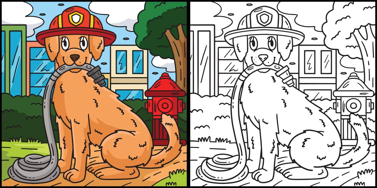 This coloring page shows a Firefighter Dog. One side of this illustration is colored and serves as an inspiration for children.