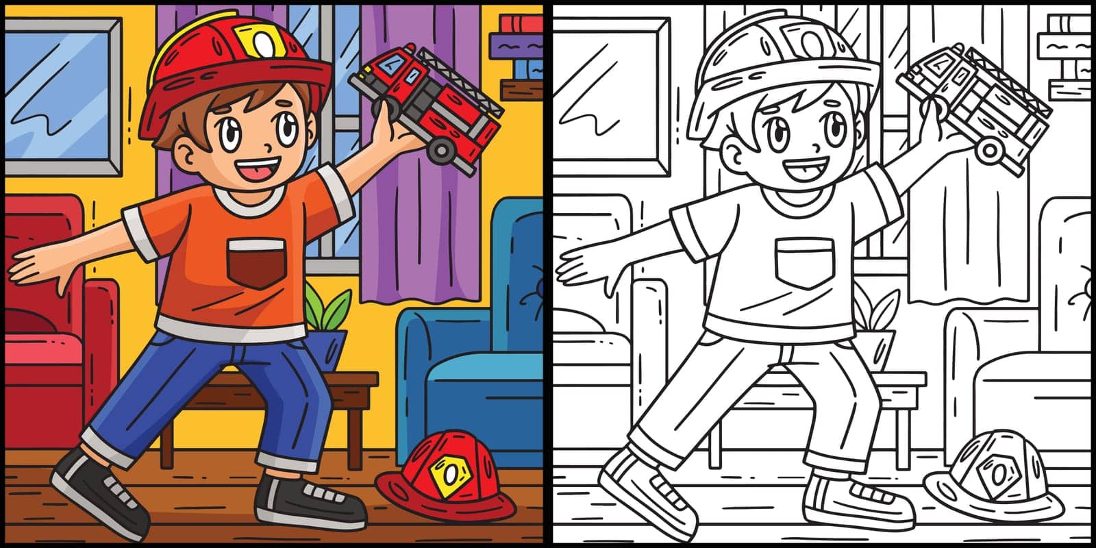 This coloring page shows a Child with a Firefighter Truck Toy. One side of this illustration is colored and serves as an inspiration for children.