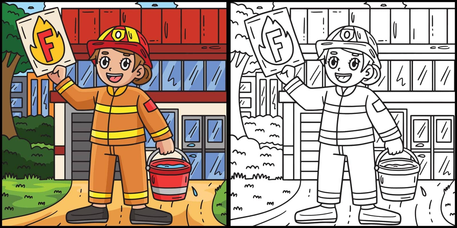 This coloring page shows a Firefighter with the Letter F. One side of this illustration is colored and serves as an inspiration for children.