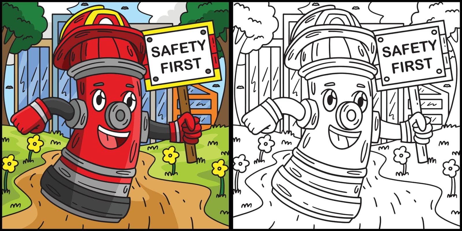This coloring page shows a Firefighter Fire Hydrant. One side of this illustration is colored and serves as an inspiration for children.