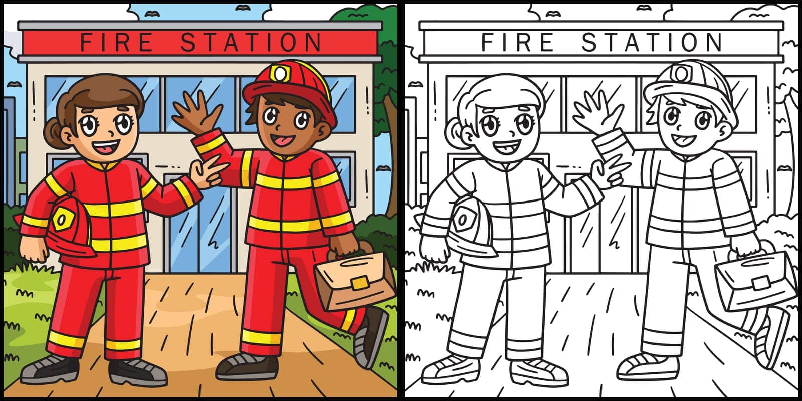 This coloring page shows a Firefighter Friend. One side of this illustration is colored and serves as an inspiration for children.
