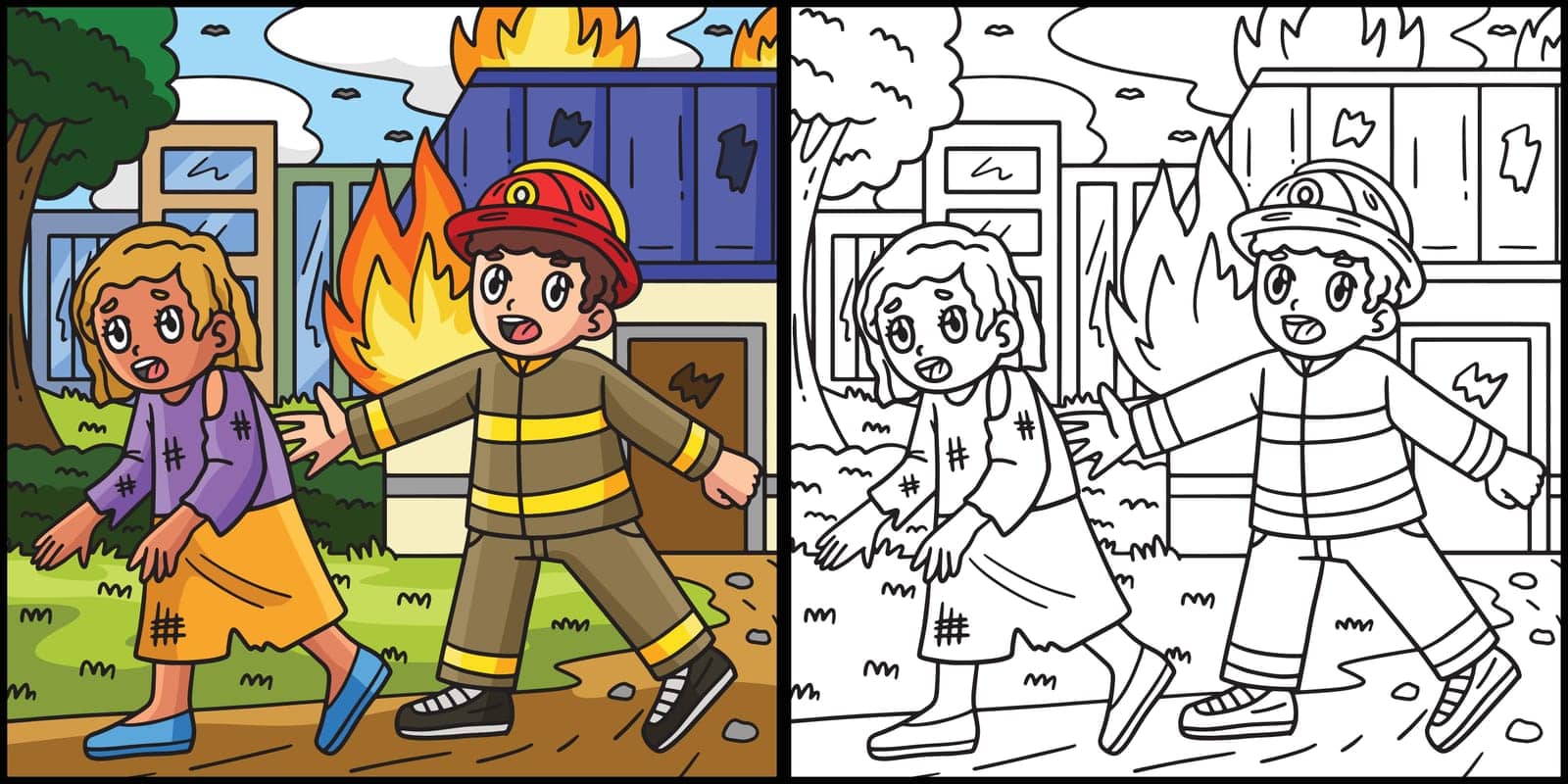 This coloring page shows a Firefighter Escorting a Survivor. One side of this illustration is colored and serves as an inspiration for children.
