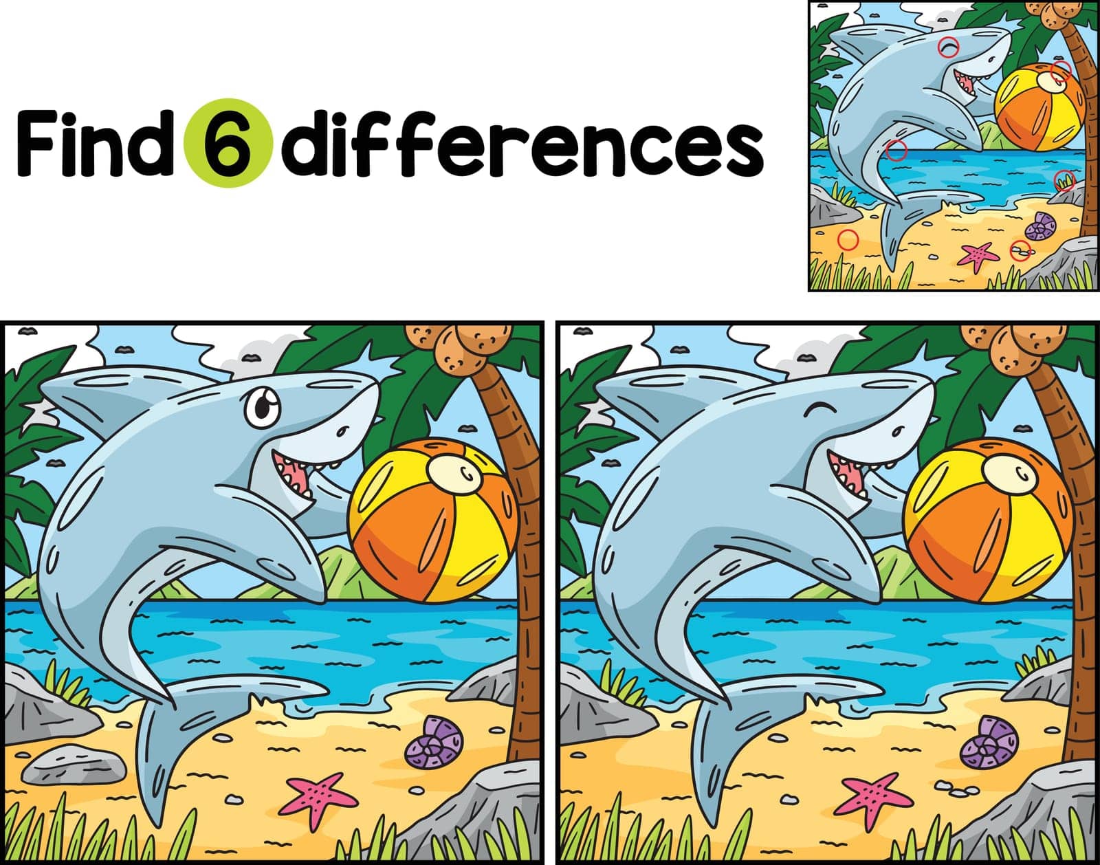 Find or spot the differences in this shark Playing Beach Ball Kids activity page. It is a funny and educational puzzle-matching game for children.