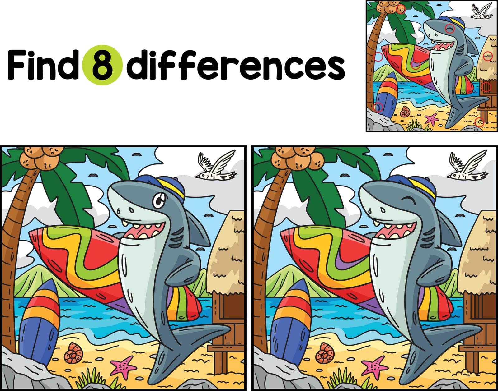 Find or spot the differences in this Shark with Surfboard Kids activity page. It is a funny and educational puzzle-matching game for children.