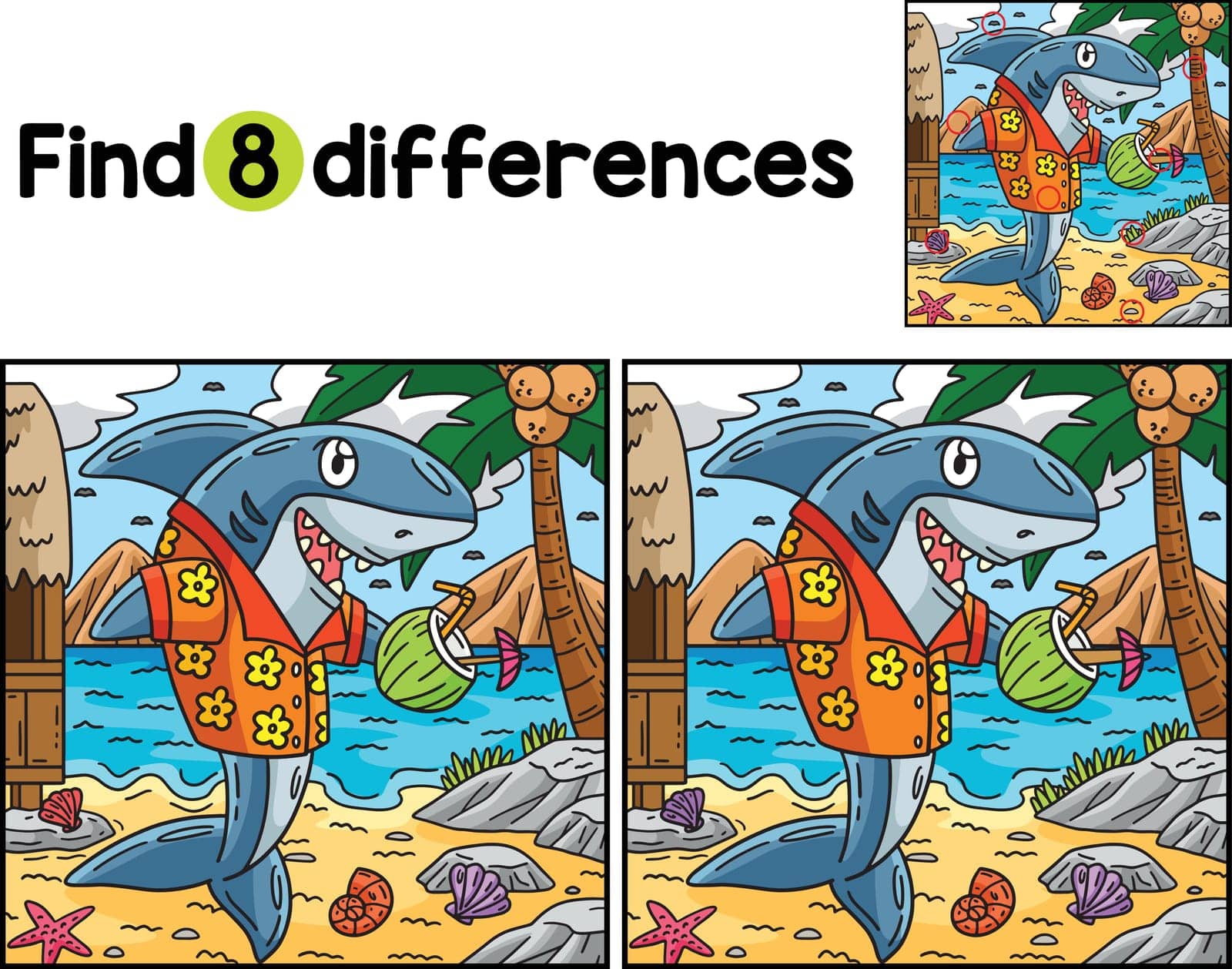 Find or spot the differences in this Shark with Tropical Drink Kids activity page. It is a funny and educational puzzle-matching game for children.