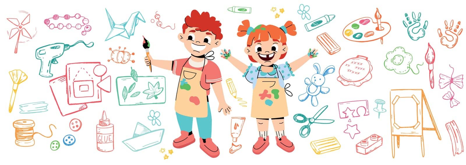 Funny cartoon children in kindergarten drawing with paints. Craft activities for kids Preschool happy girl and boy with art supplies icon collection. Daycare doodle. Child characters sewing, painting.
