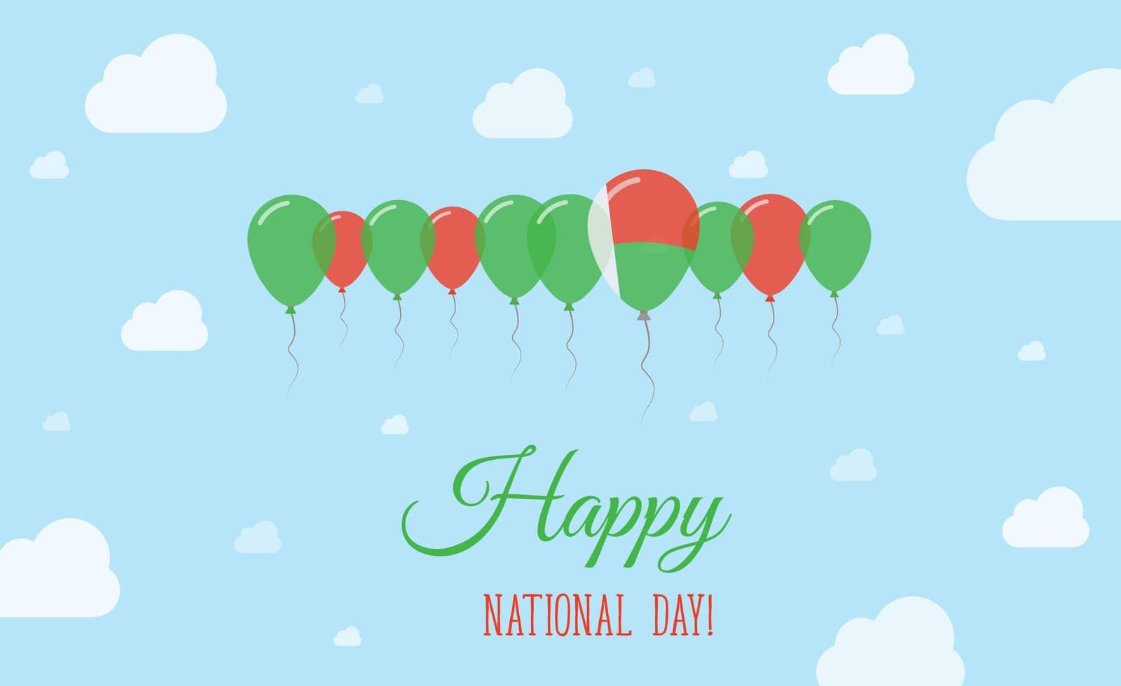 Madagascar Independence Day Sparkling Patriotic Poster. Row of Balloons in Colors of the Malagasy Flag. Greeting Card with National Flags, Blue Skyes and Clouds.