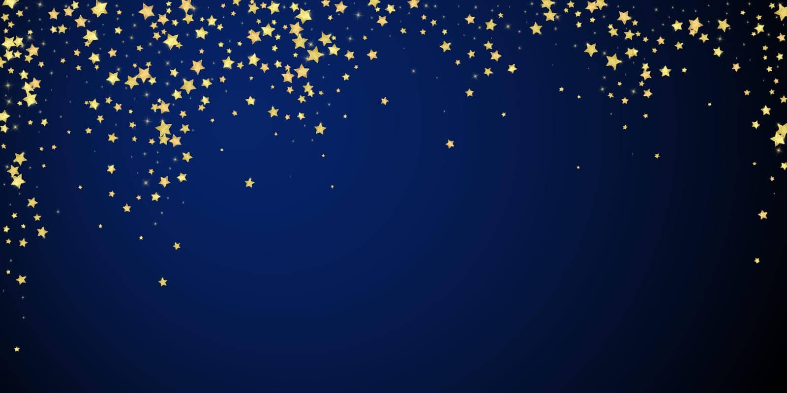 Magic stars vector overlay. Gold stars scattered around randomly, falling down, floating. Chaotic dreamy childish overlay template. Magical cartoon night sky on dark blue background.