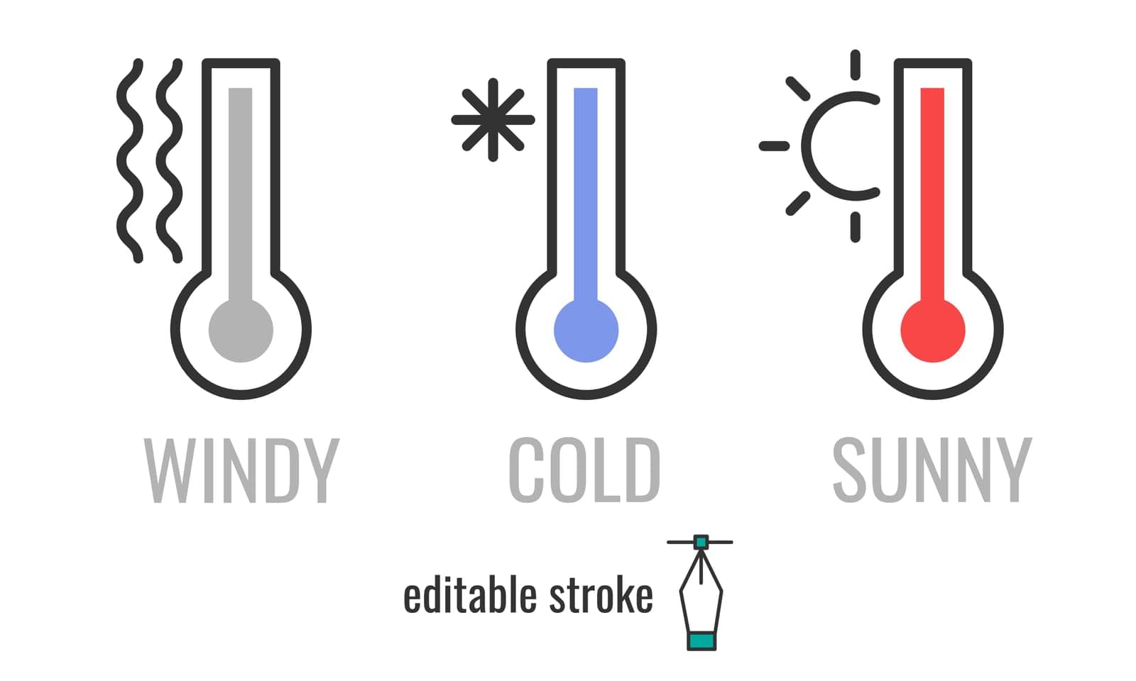 Weather, windy,hot or sunny and cold climate line icons set. Temperature symbol.Thermometer with wind,snowflake and sun signs. Vector graphics illustration EPS 10. Editable stroke.