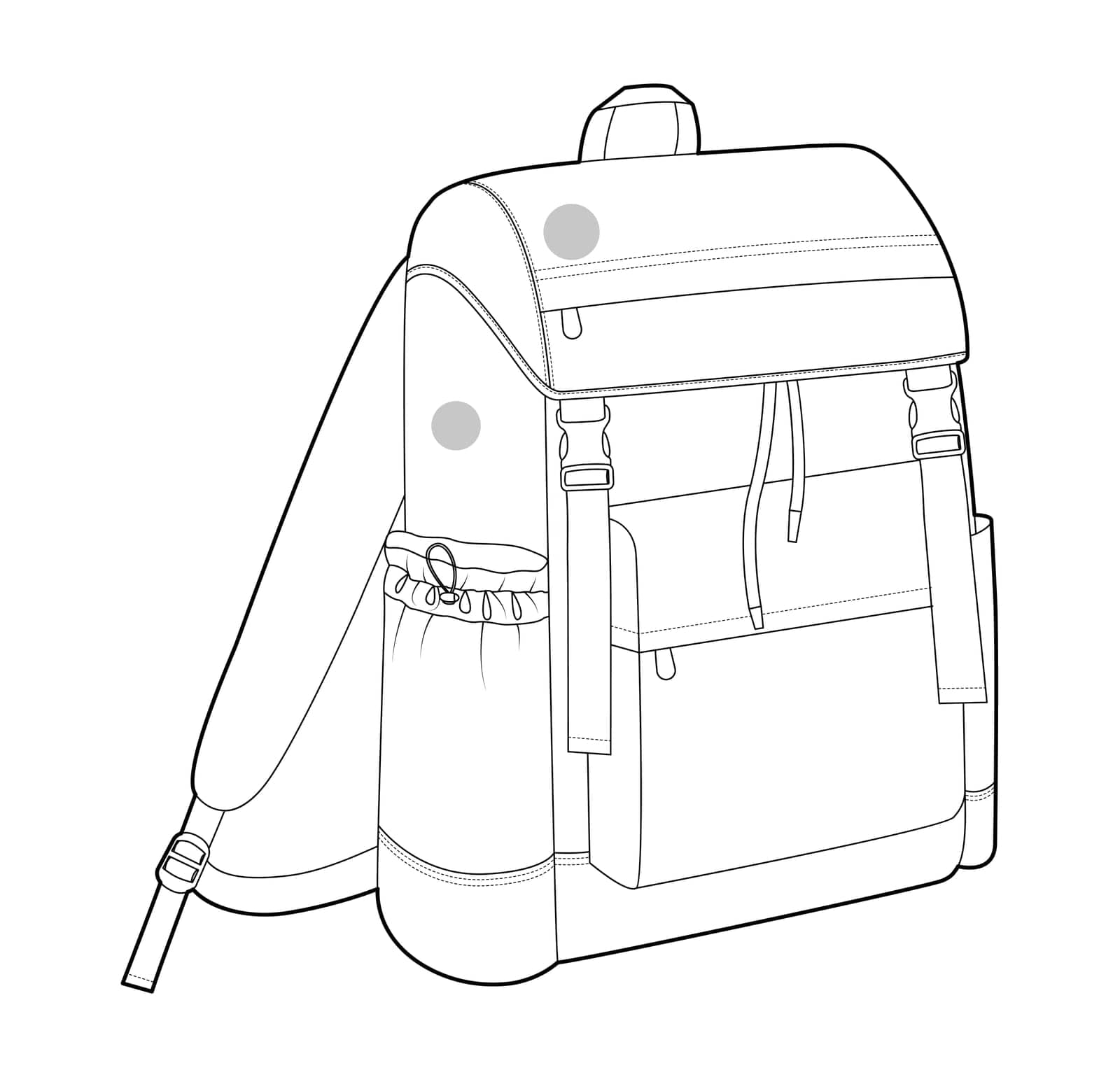 Adventure backpack silhouette bag. Fashion accessory technical illustration. Vector schoolbag 3-4 view for Men, women, unisex style, flat handbag CAD mockup sketch outline isolated