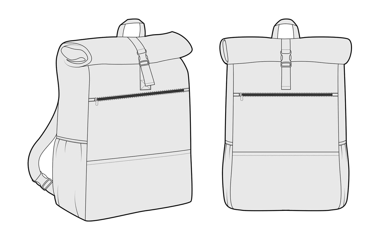 Everyday Expandable backpack silhouette bag. Fashion accessory technical illustration. Vector schoolbag front 3-4 view by Vectoressa