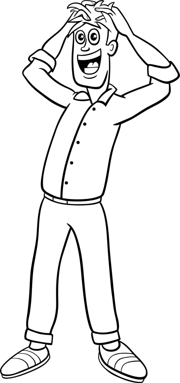 Cartoon illustration of happy or surprised young man or guy comic character coloring page