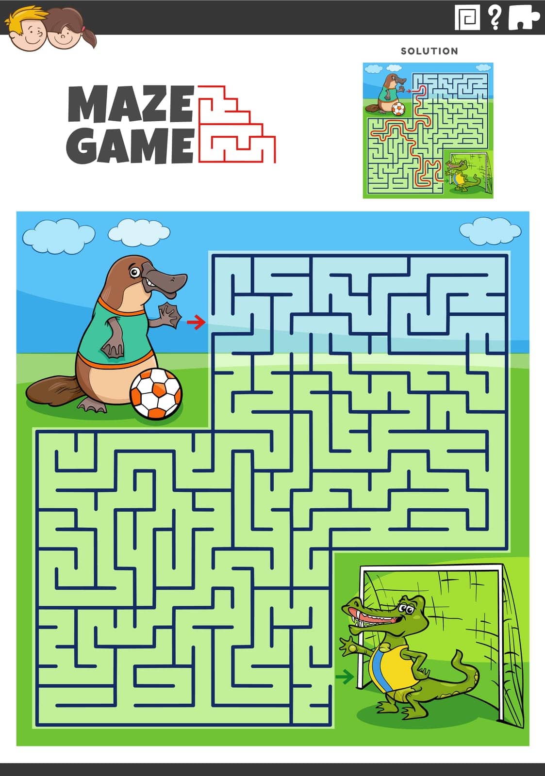 Cartoon illustration of educational maze puzzle activity with animal characters playing soccer
