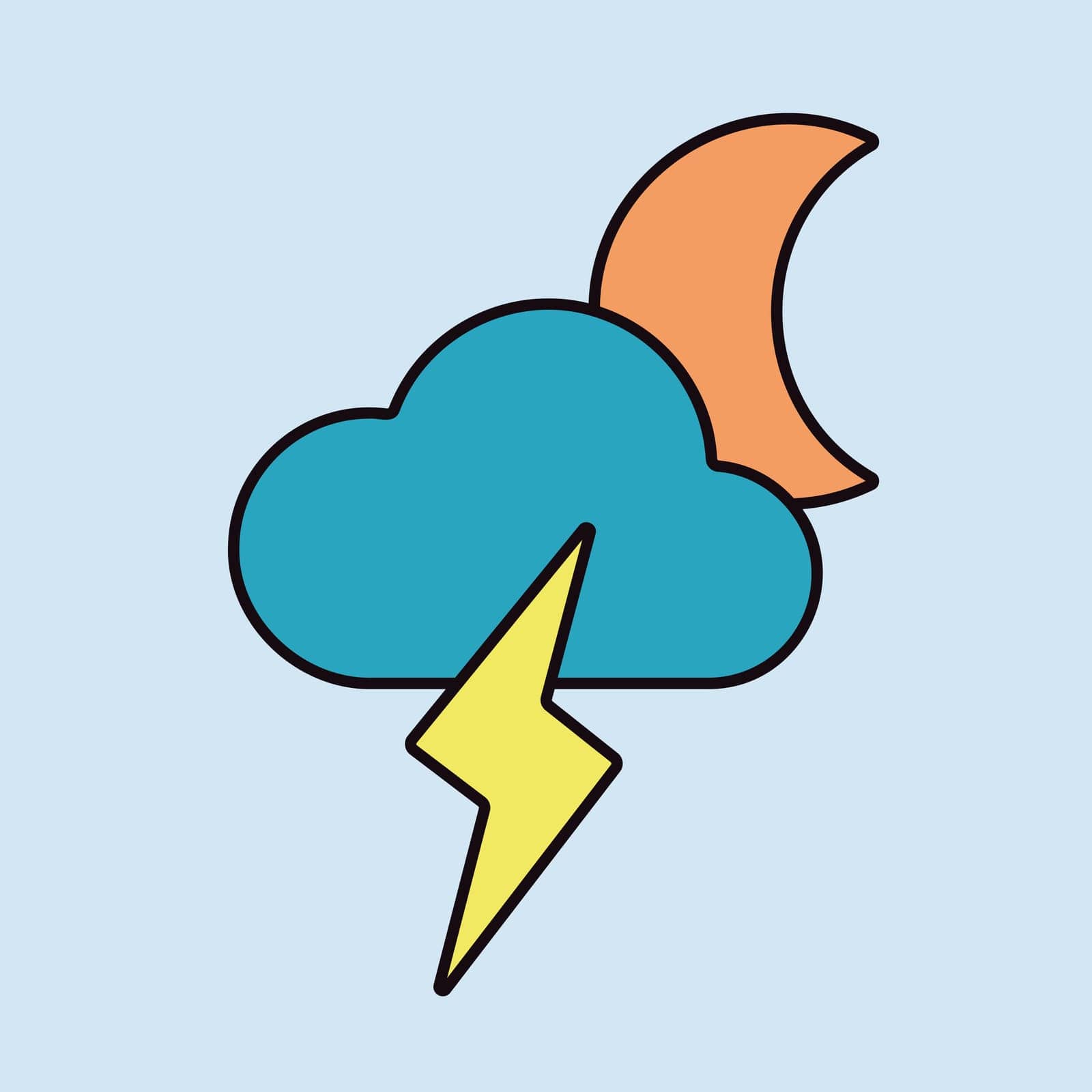 Moon cloud with lightning vector icon. Meteorology sign. Graph symbol for travel, tourism and weather web site and apps design, logo, app, UI
