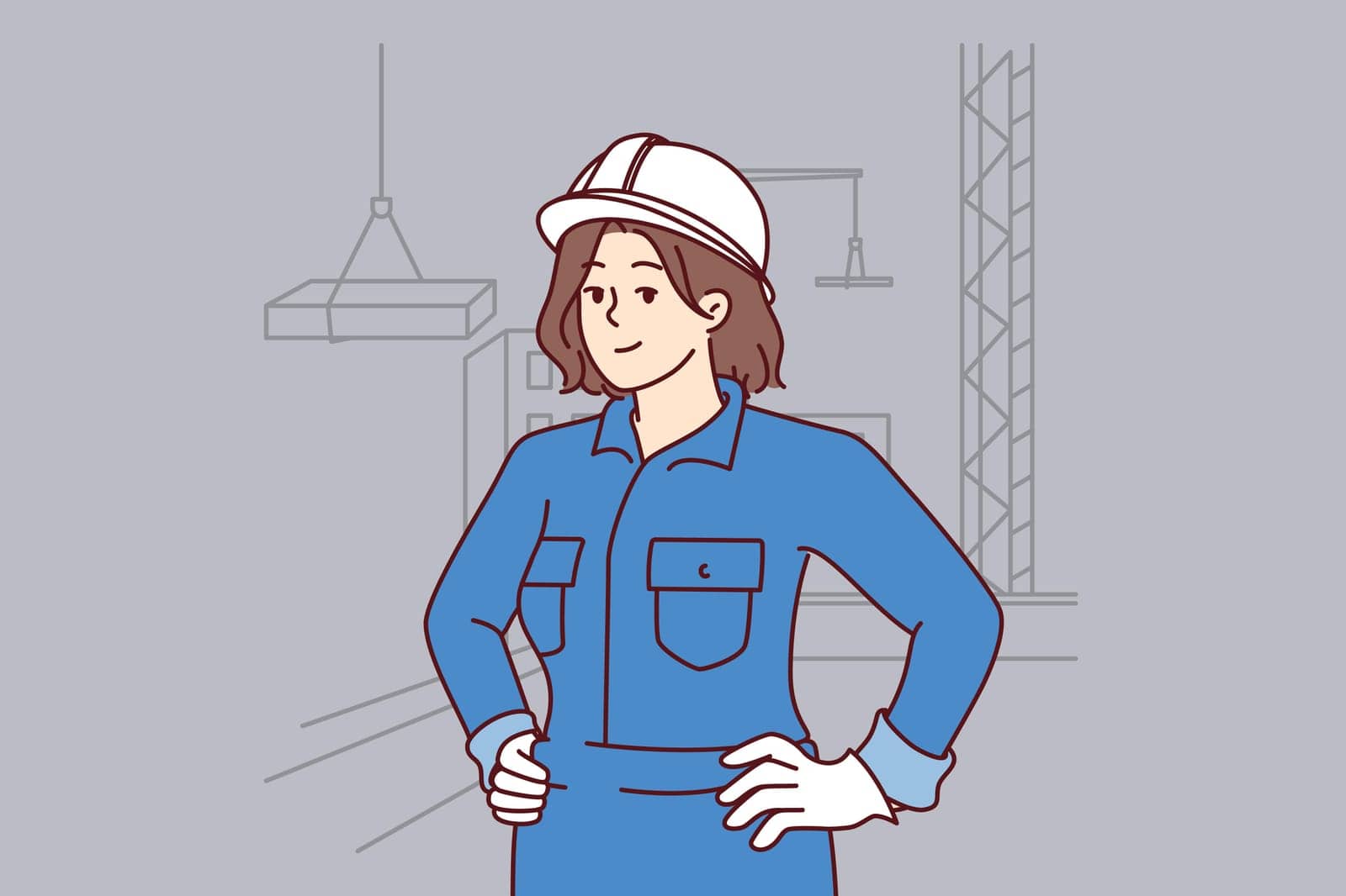 Woman builder stands on construction site near multi-story buildings and tower cranes lifting concrete slabs. Confident girl builder in hardhat on head, keeps hands on belt and looks at screen