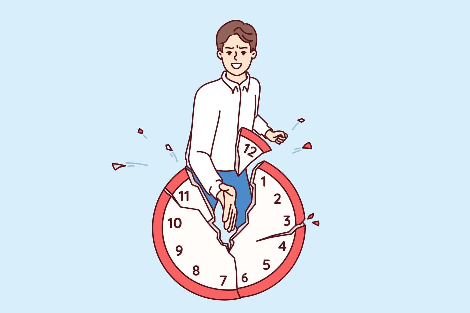 Man office worker breaks watch, refusing to comply with strict deadlines and follow company business schedule. Strong guy hits deadlines by meeting and exceeding productivity targets with ease.