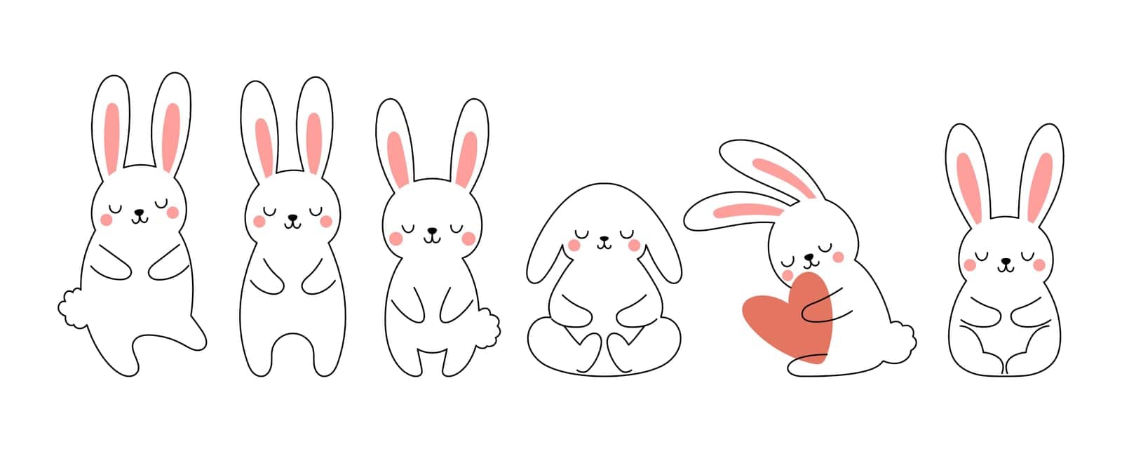 Cute little Easter bunny outline sketch collection in different poses. Cartoon rabbit character for kids cards, baby shower, invitation, poster. Vector stock illustration.