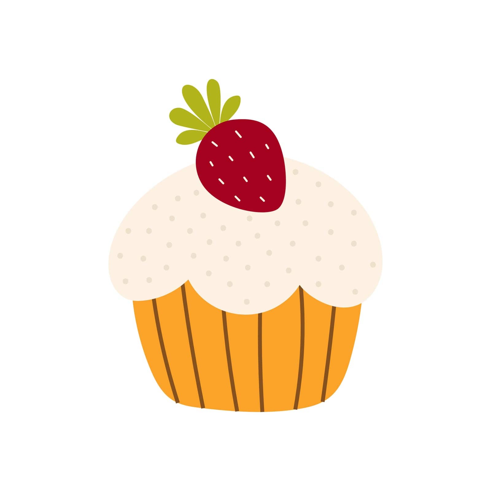 Cute boho cupcake with strawberry in childish style. Sweet dessert for kids cards, baby shower, invitation, poster. Vector stock illustration.