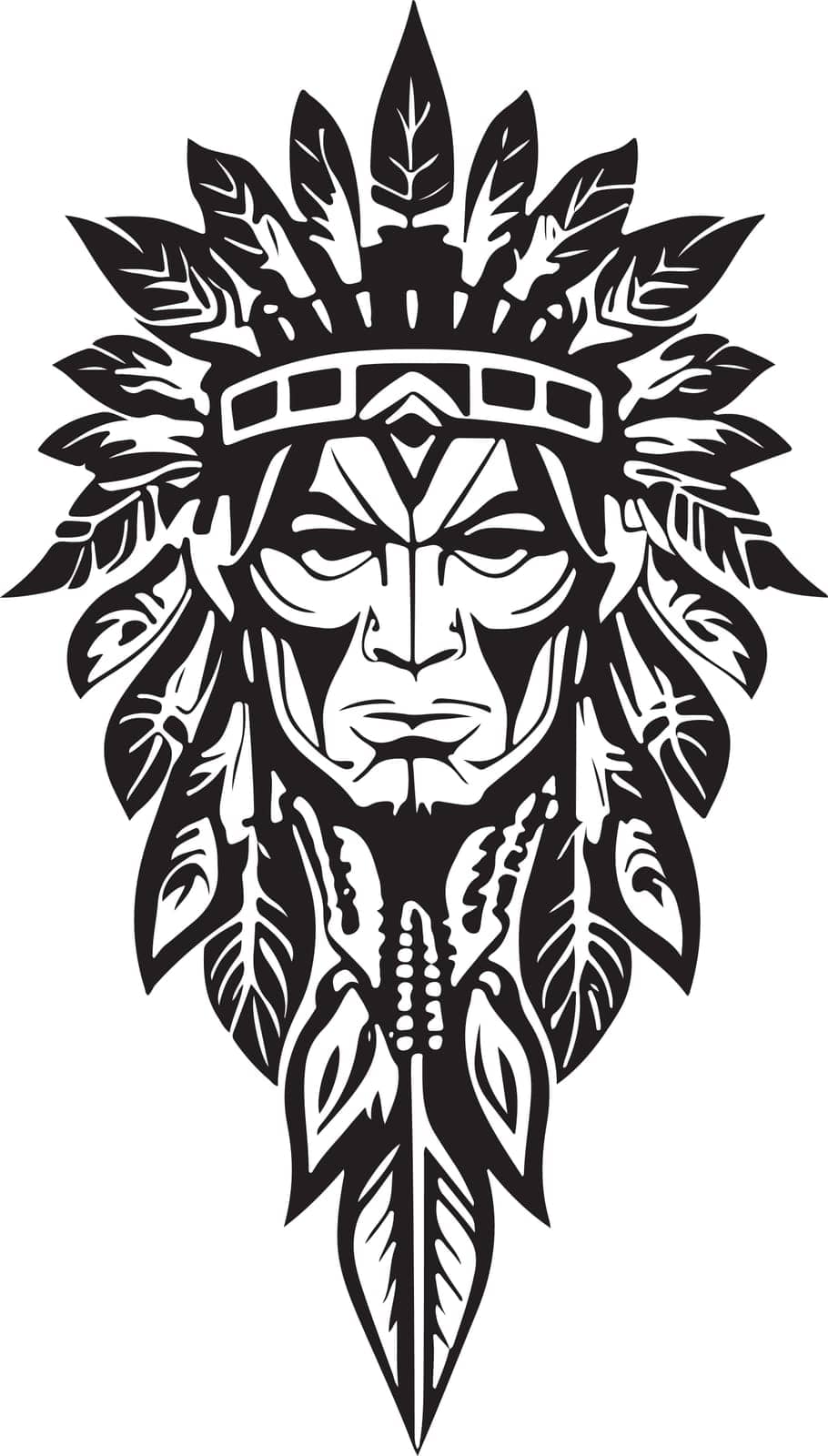 A Beautiful iconic Native American chief in a black and white vector illustration, Suitable for logo design, tattoo design or print on demand by luisalfonso89