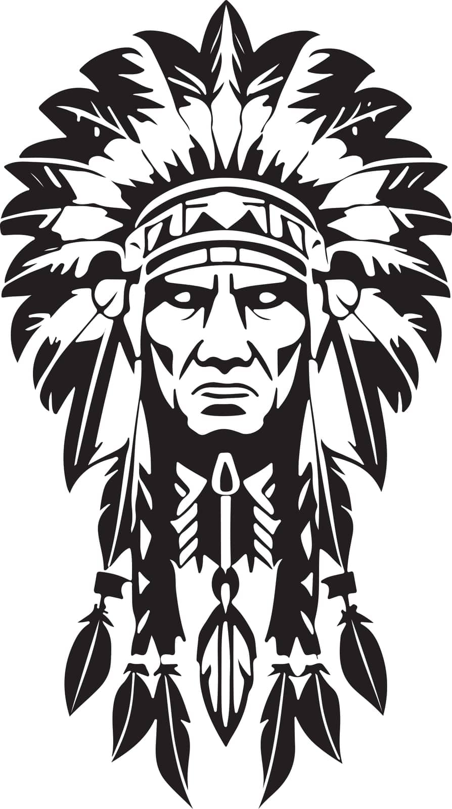A Breathtaking iconic Native American chief in a black and white vector illustration, Suitable for logo design, tattoo design or print on demand. Vector illustration