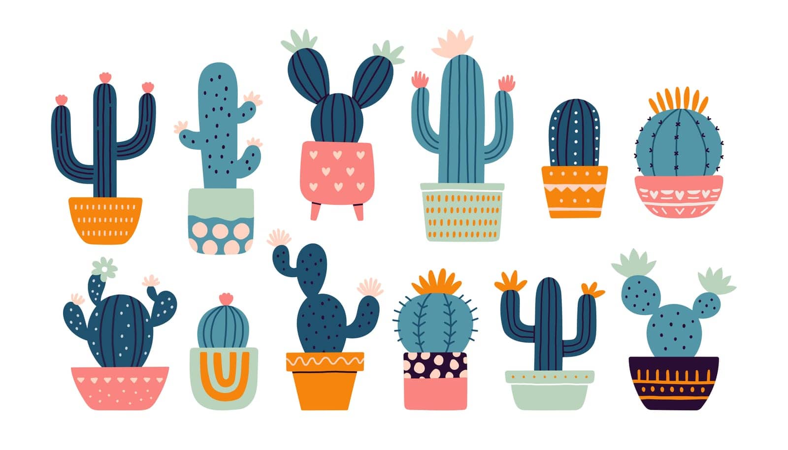 Cactus set. Mexican cactus in pot. Desert spiny plant, mexico cacti flower and tropical home plants or arizona summer climate garden cactuses. Flora isolated vector stickers collection