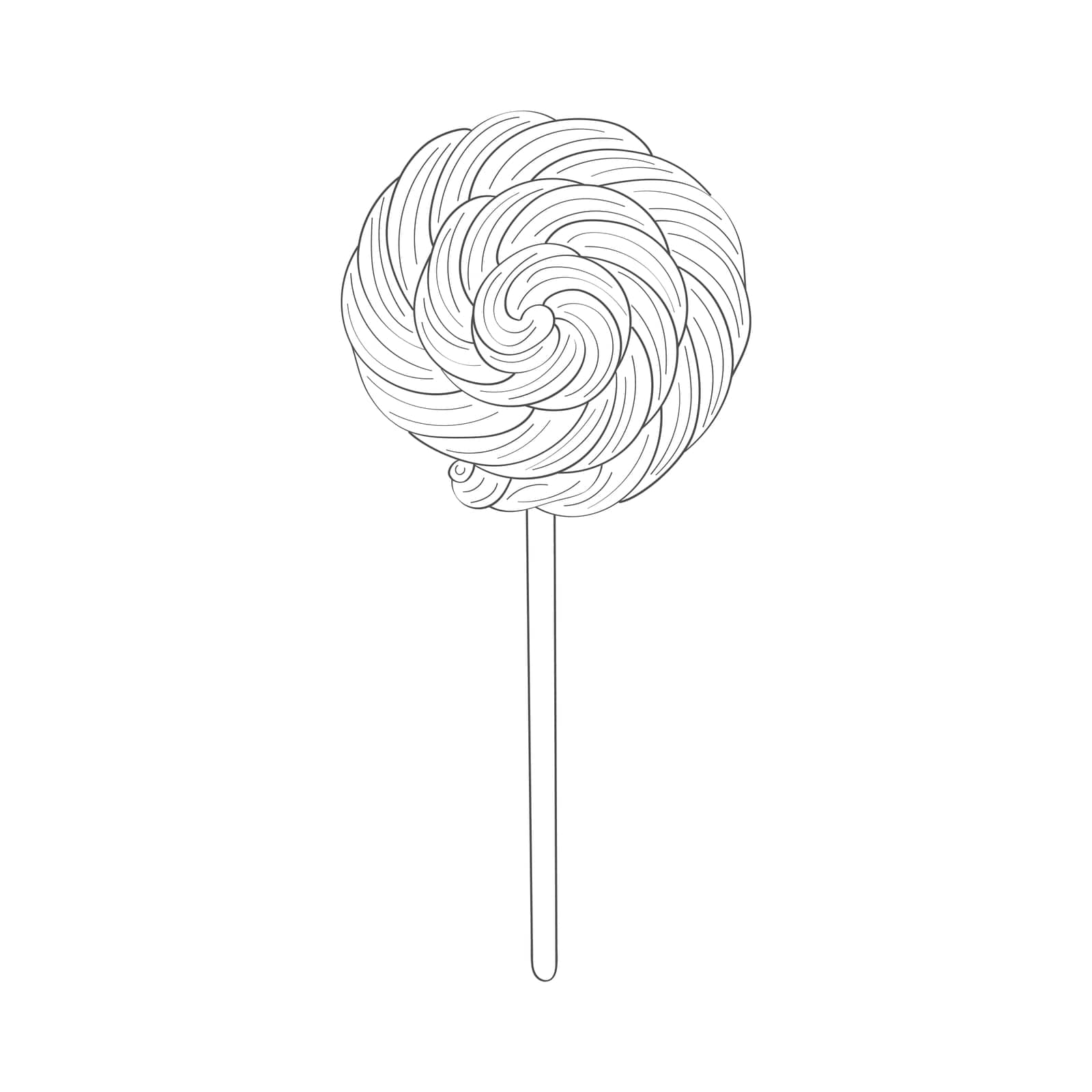This hand-drawn illustration depicts a lollipop on a stick. The lollipop features swirls against a simple background