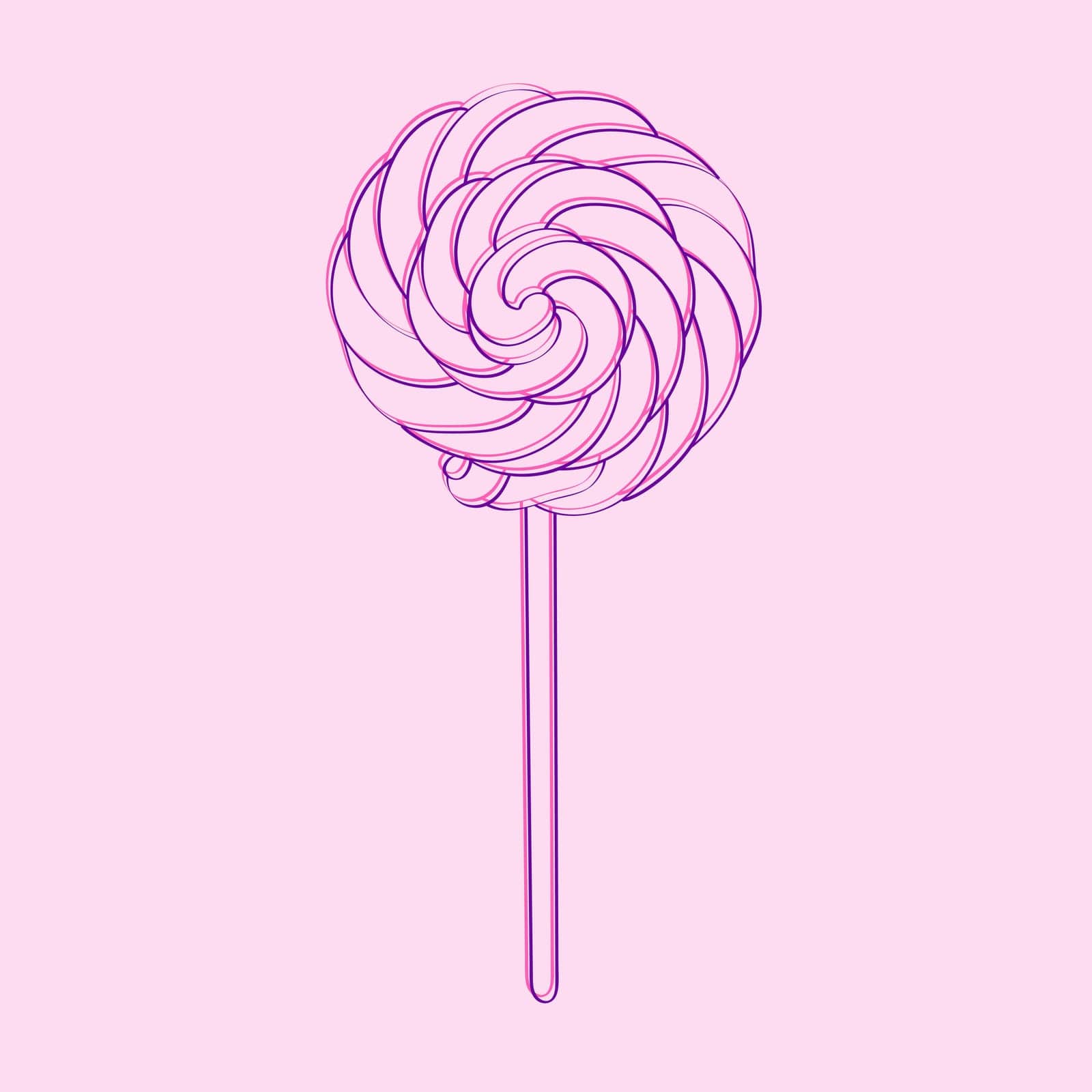 A pink lollipop, hand-painted with doodle designs, stands on a soft pink background. The candies vibrant color pops against the monochromatic backdrop, creating a visually striking contrast