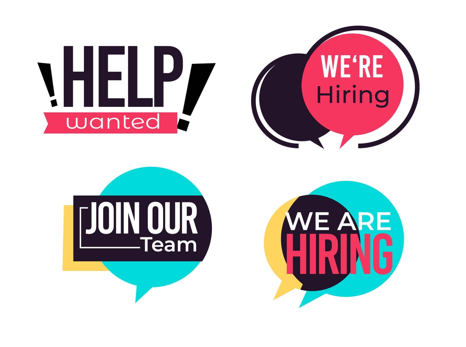 Recruitment and employment. Join our team, we are hiring banner or bubble icons. Urgent search of qualified candidates or professionals for job position, vacancy in company. Vector in flat style