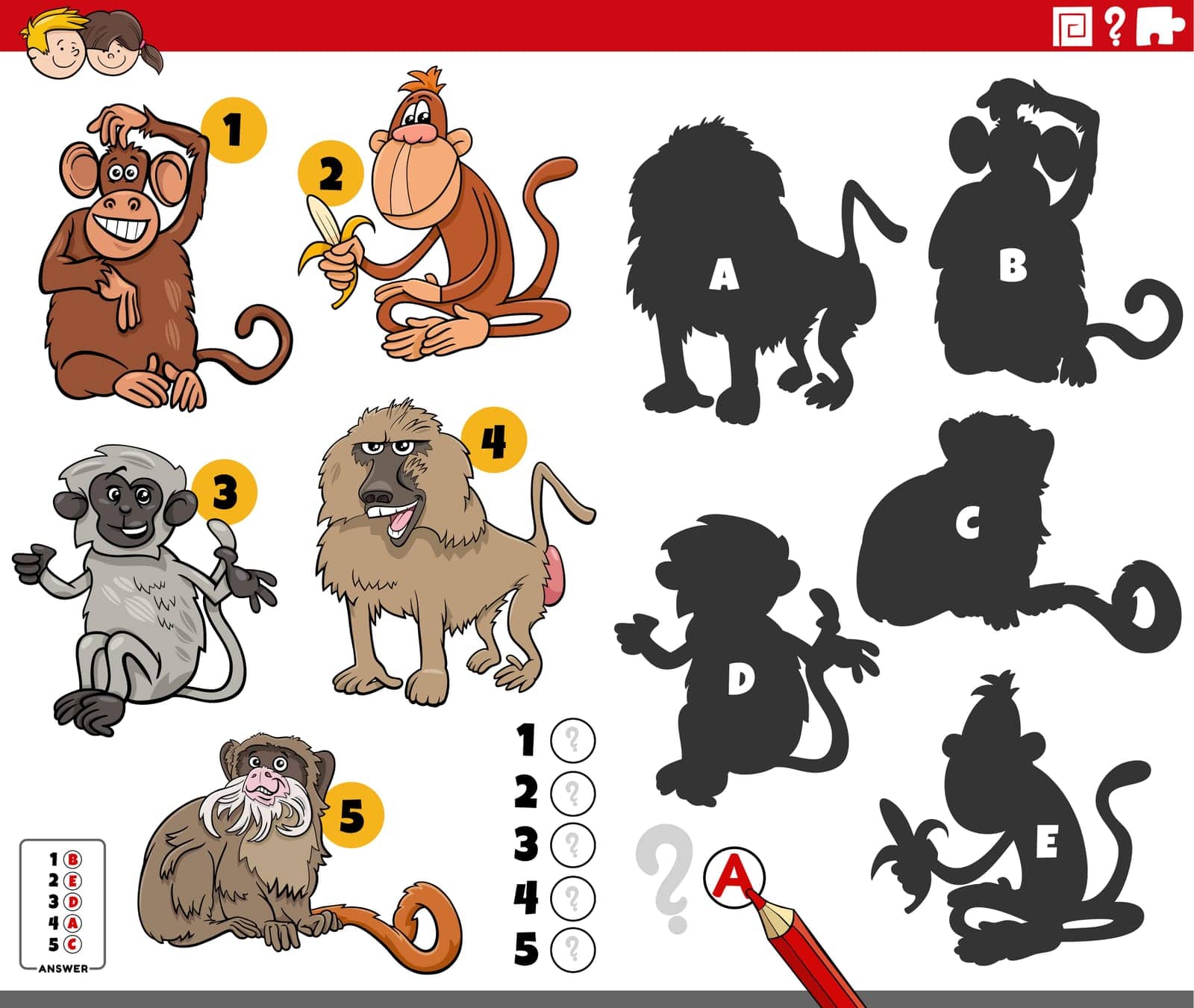 Cartoon illustration of finding the right shadows to the pictures educational activity with monkeys animal characters