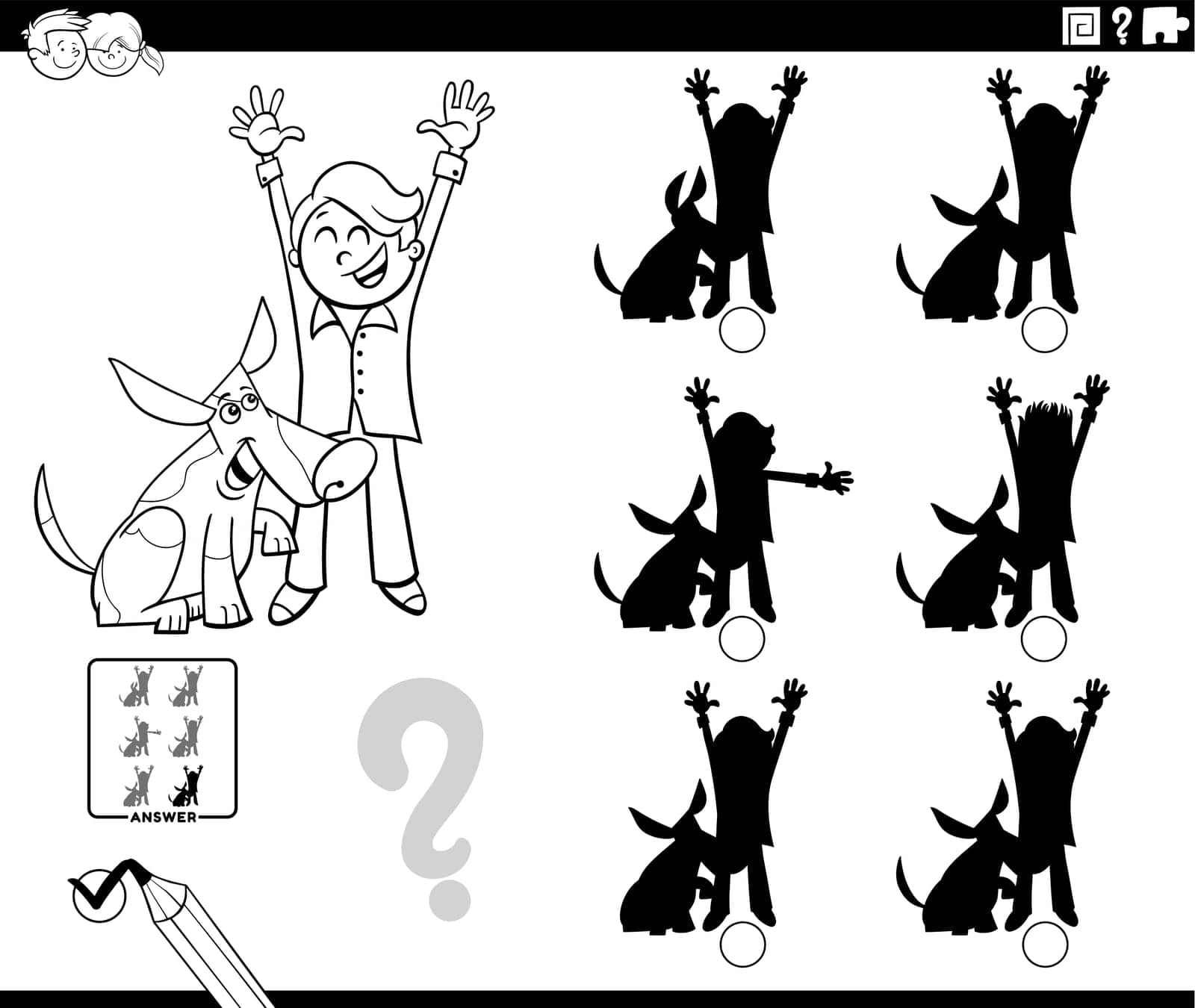 Cartoon illustration of finding the right picture to the shadow educational game with boy and his dog coloring page
