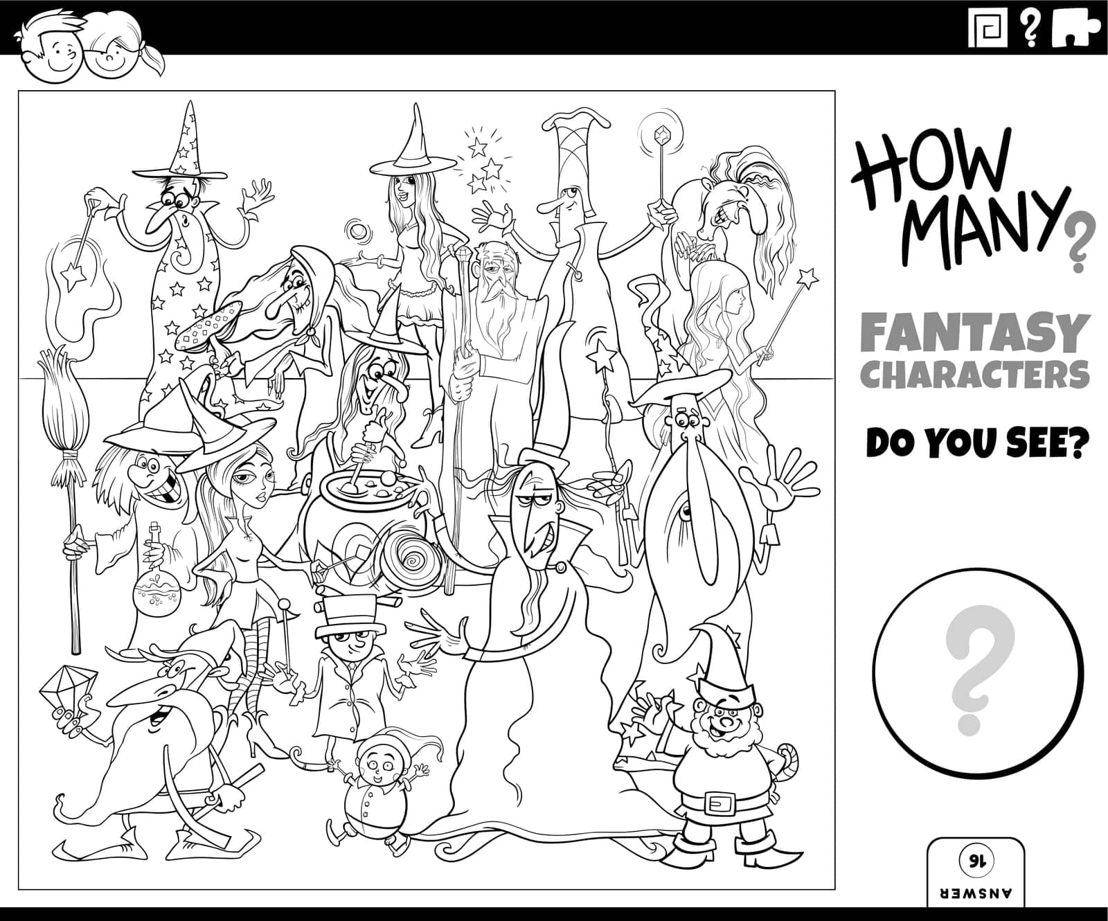 counting cartoon fantasy characters educational activity coloring page by izakowski