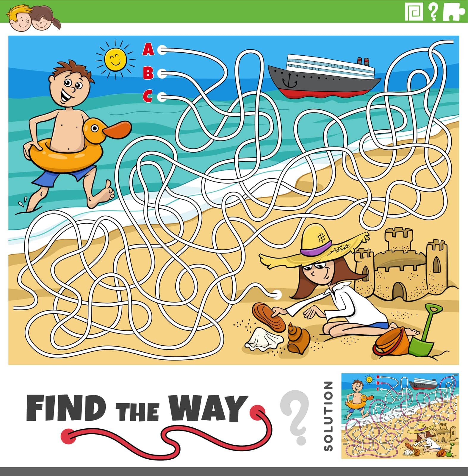 Cartoon illustration of find the way maze puzzle activity with children on vacation by the sea