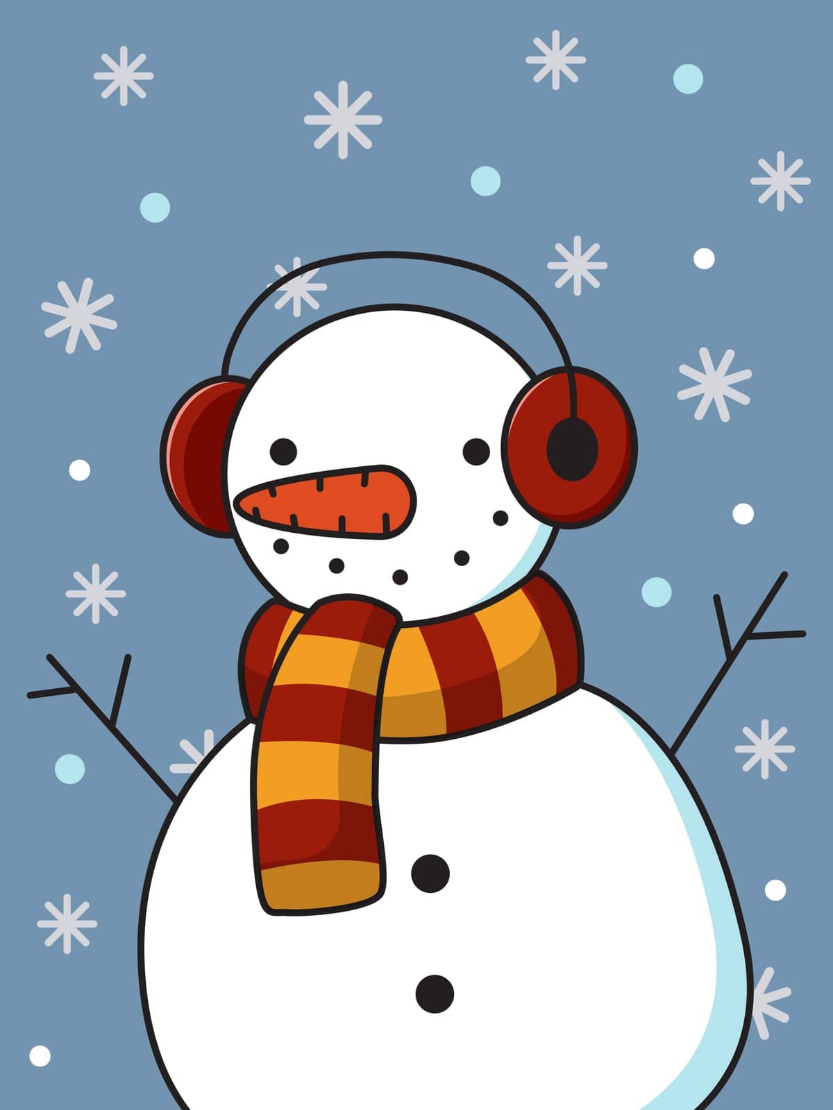 New Year card. Cute snowman on the background of snowflakes. Vector illustration.
