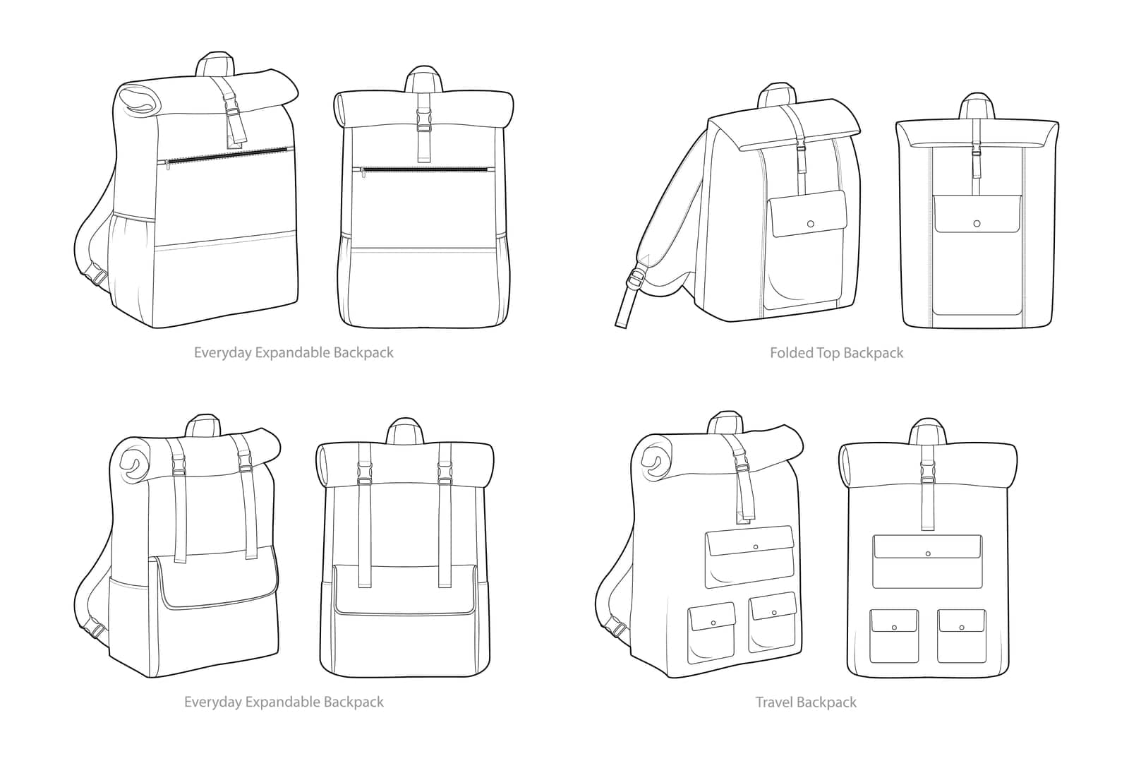 Set of foldable, Expandable, Travel backpack silhouette bag. Fashion accessory technical illustration. Vector schoolbag front 3-4 view for Men, women, unisex style, flat CAD mockup sketch isolated
