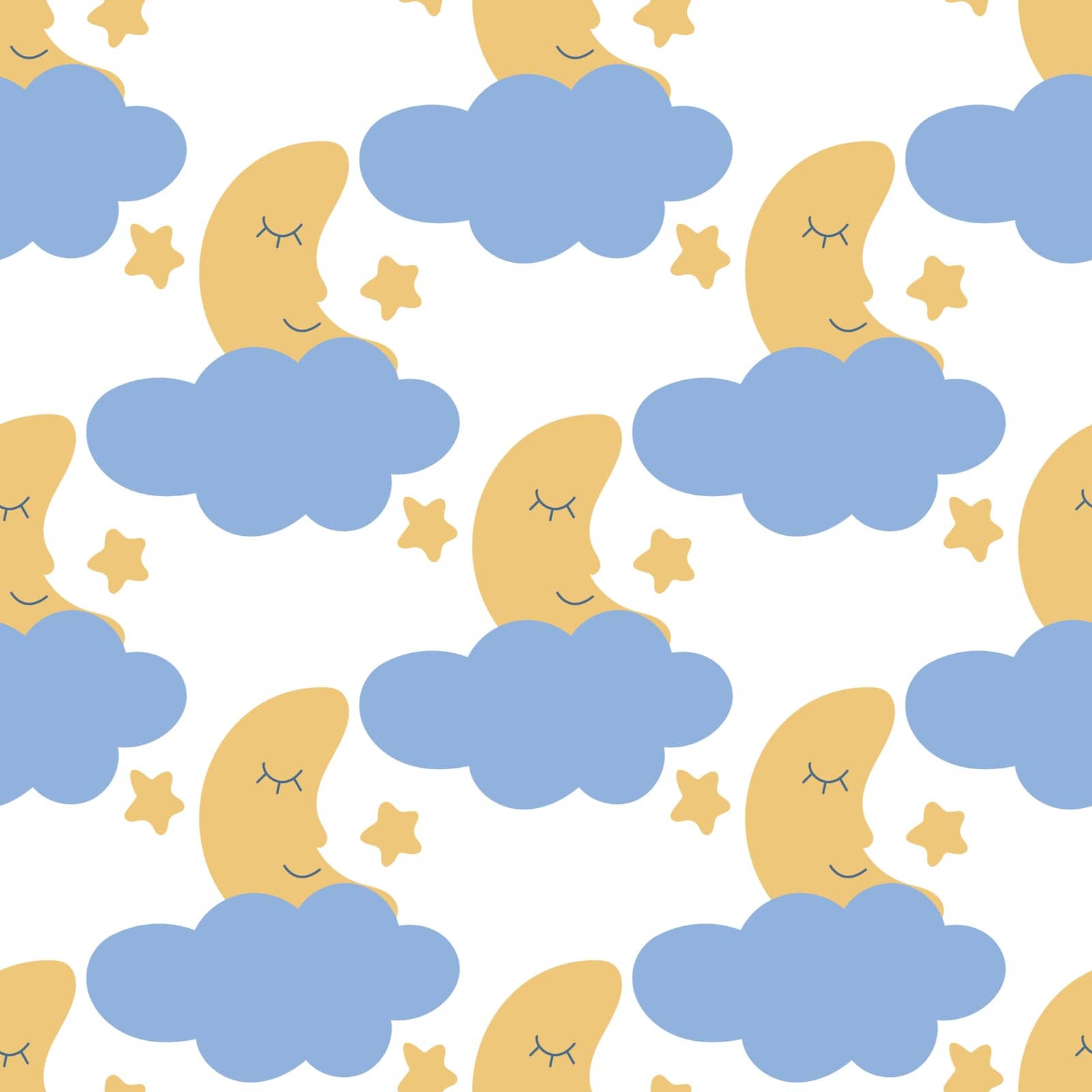 Sleeping moon in clouds with stars seamless pattern by TassiaK