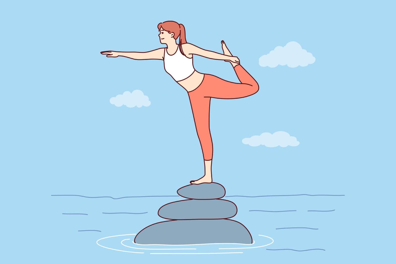 Woman does pilates or yoga, standing on river rocks on one leg, maintaining perfect balance. Pilates training of successful girl enjoying unity with nature and meditation in open air