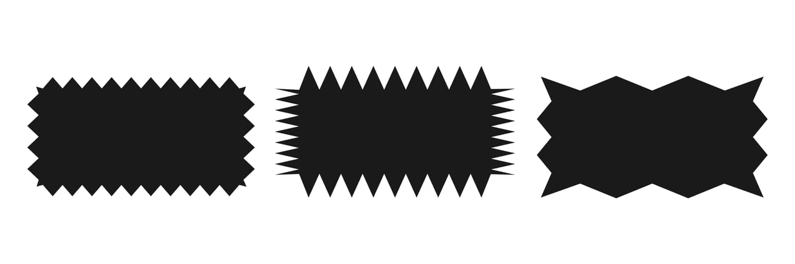 Serrated rectangle.A set of uneven zigzag rectangular shapes. Black color. Isolated elements for design of text box, button, badge, banner, tag, sticker, badge. Vector illustration.