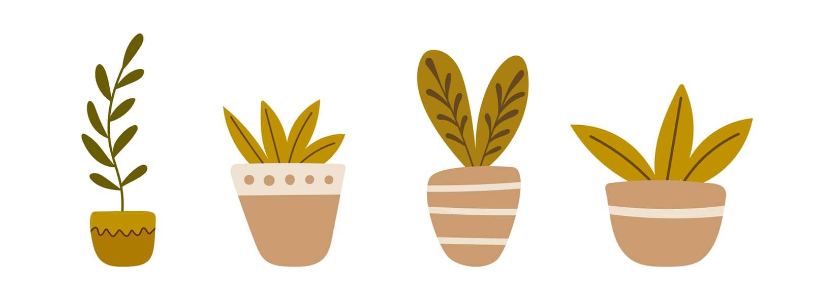 Set of hand drawn potted plants. Home decor, cozy plant. Vector stock illustration.